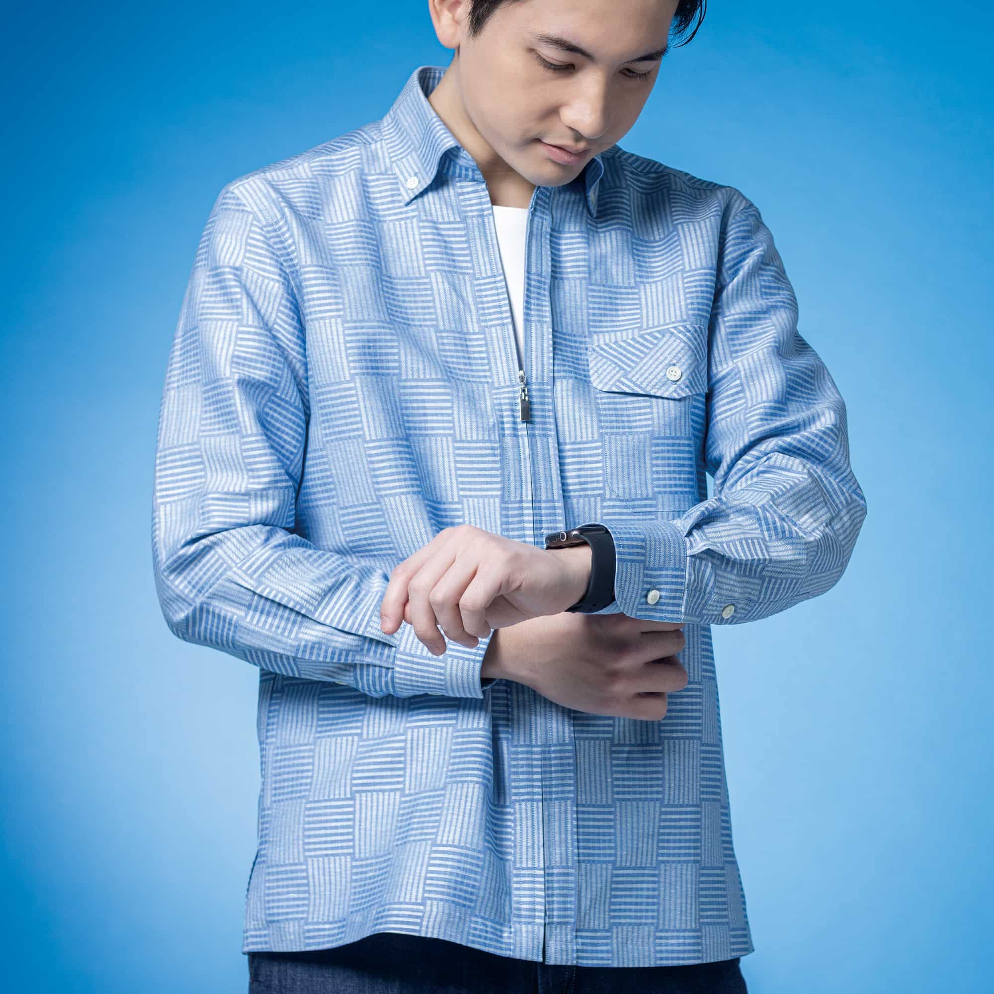 長袖 麻×綿シャツ/ジップアップシャツ